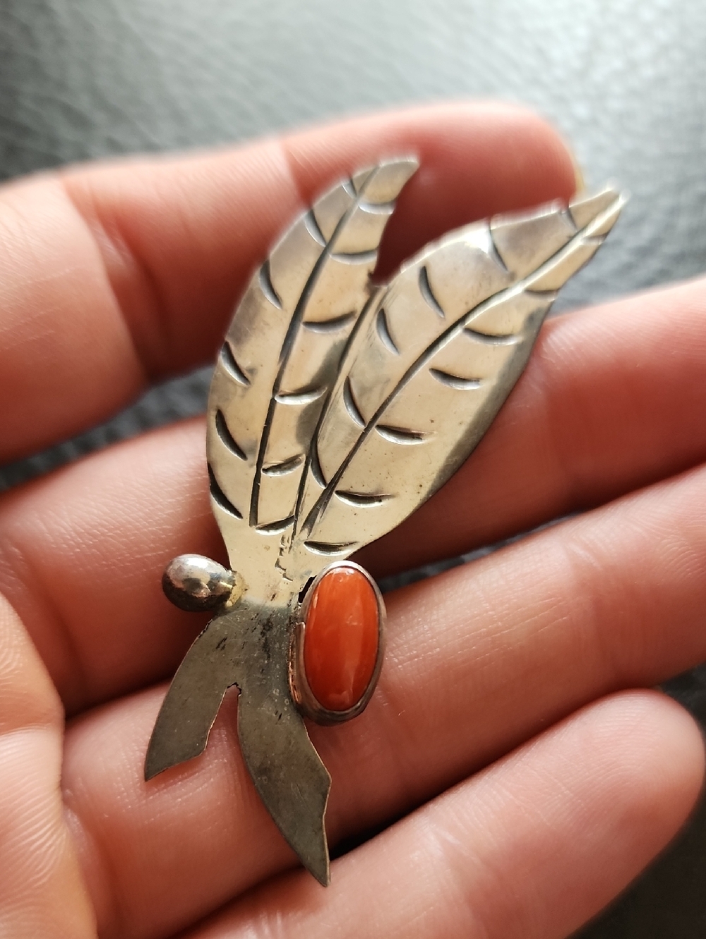 VTG Sterling Silver Feather Pin with Orange Stone - Women's Jewelry